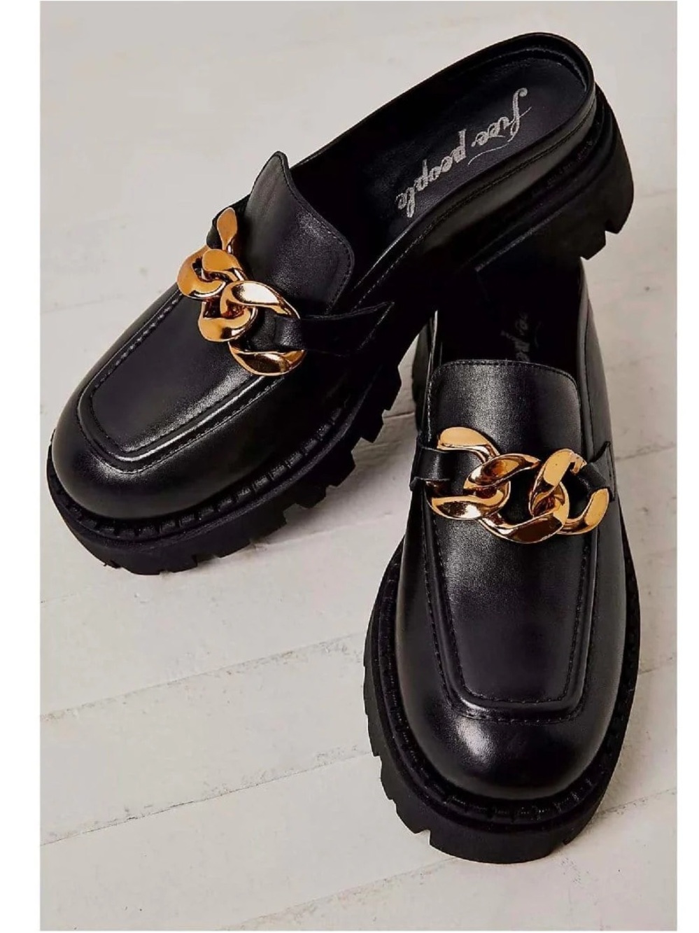 Free People Black Leather Chain-Detail Mules